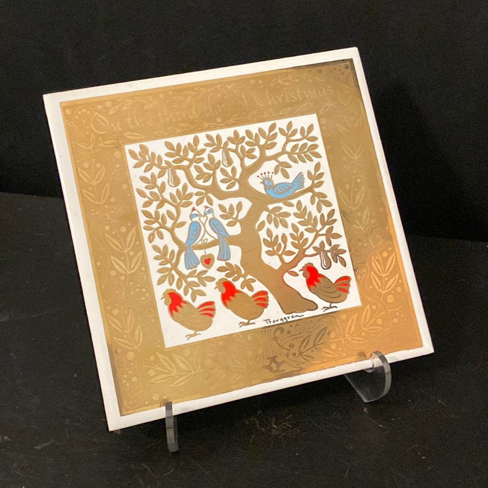 Vintage Berggren Gold Trivet Tile 12 Days Of Christmas Swedish 'Third Day'